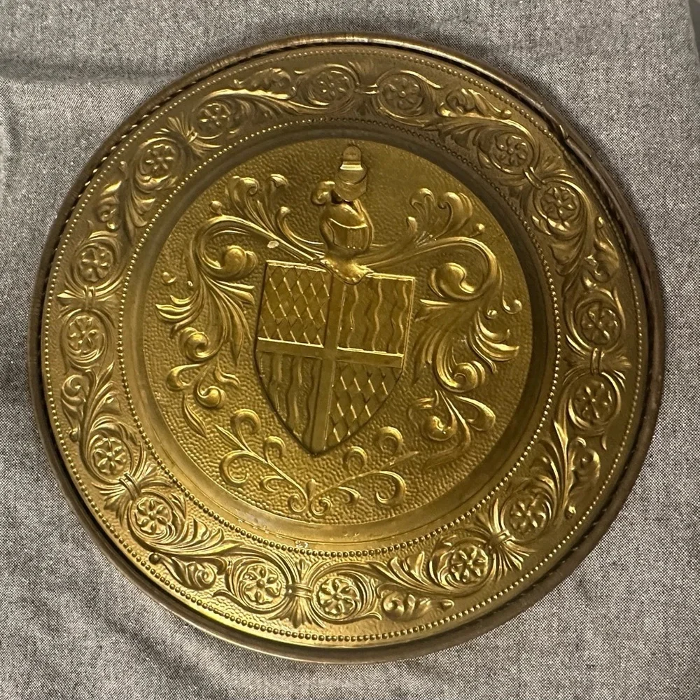 Elegant Brass / White Shield Coat of Arms Wall Plaques. Set of 2